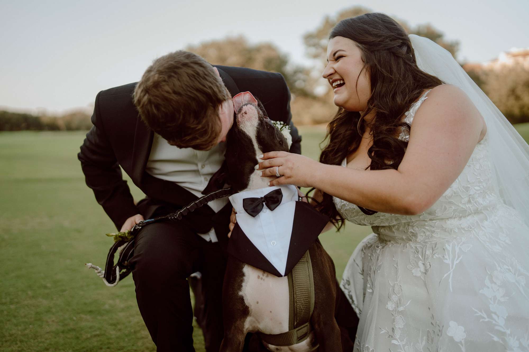 A bride and groom and their best dog friend at The Golf Club of Amelia Island - Premier Bride 904