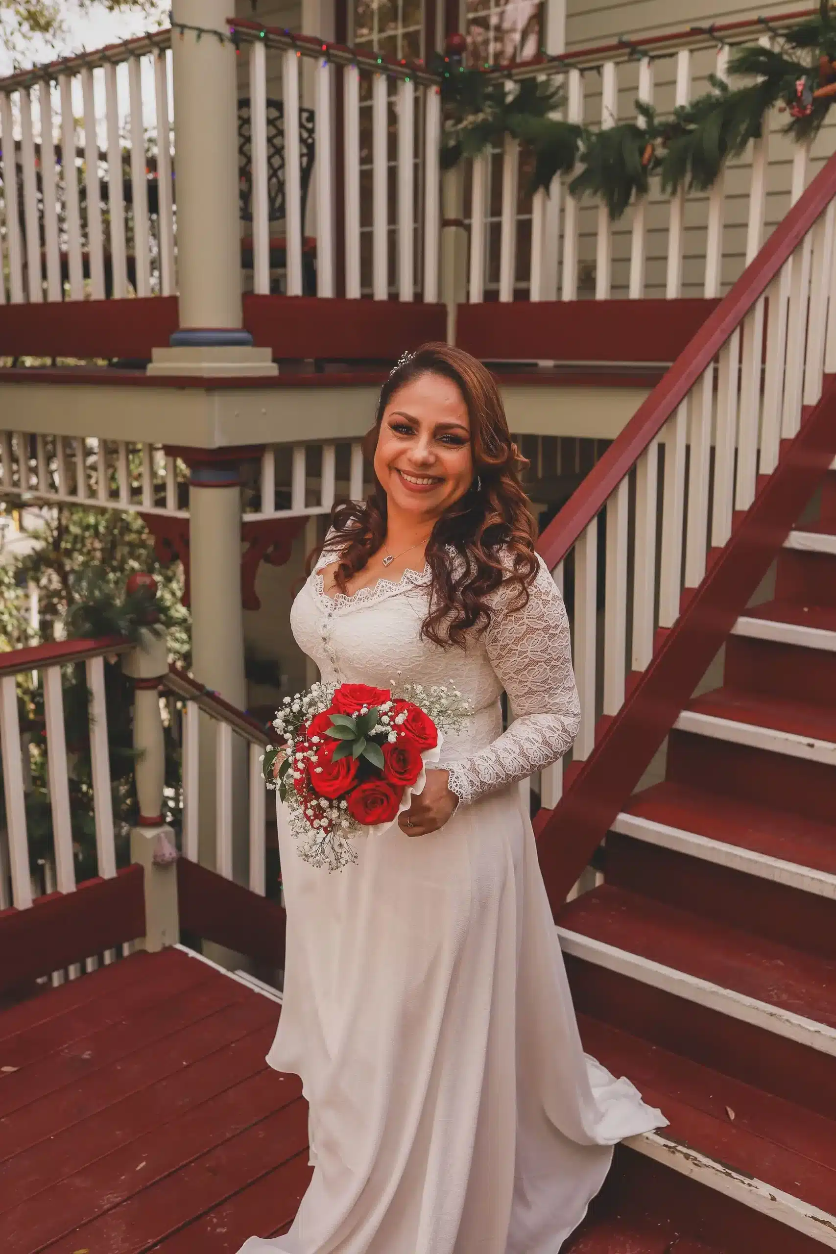 Bride on the red staircase at Cedar House Inn-2 Bride on the red staircase at Cedar House Inn-2