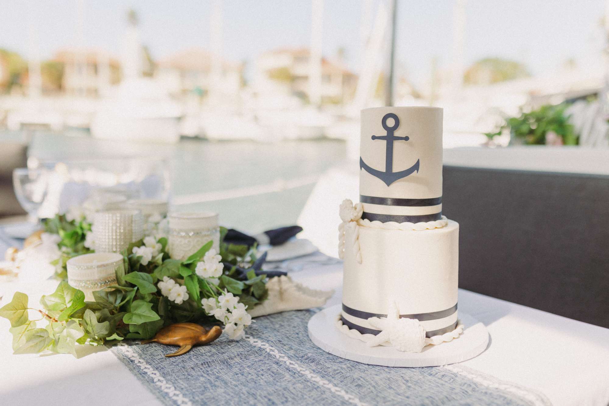 Nautical wedding cake on a sail boat in St. Augustine