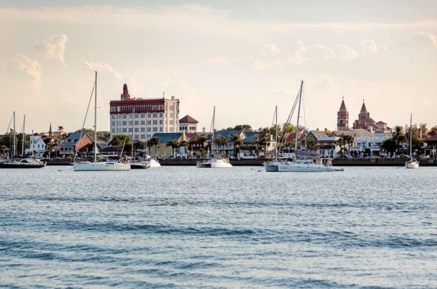view of downtown St. Augustine from the water on a boat