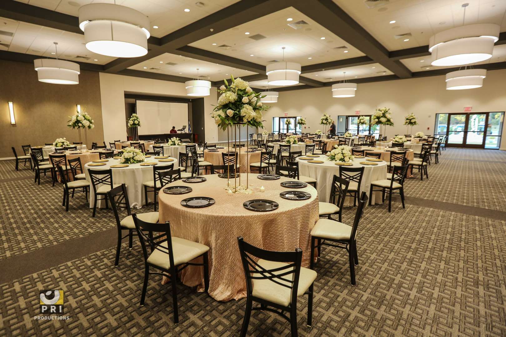 St John Event Center – Reception Space Ballroom set up for dinner at the St John Event Center
