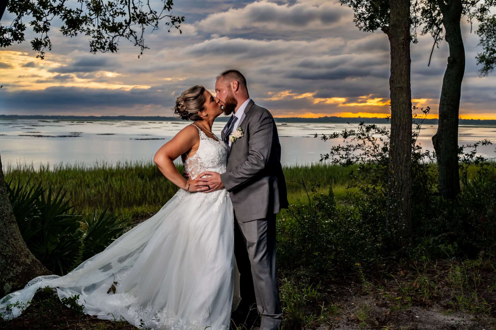 Bride and groom on the intracoastal waterway in orida