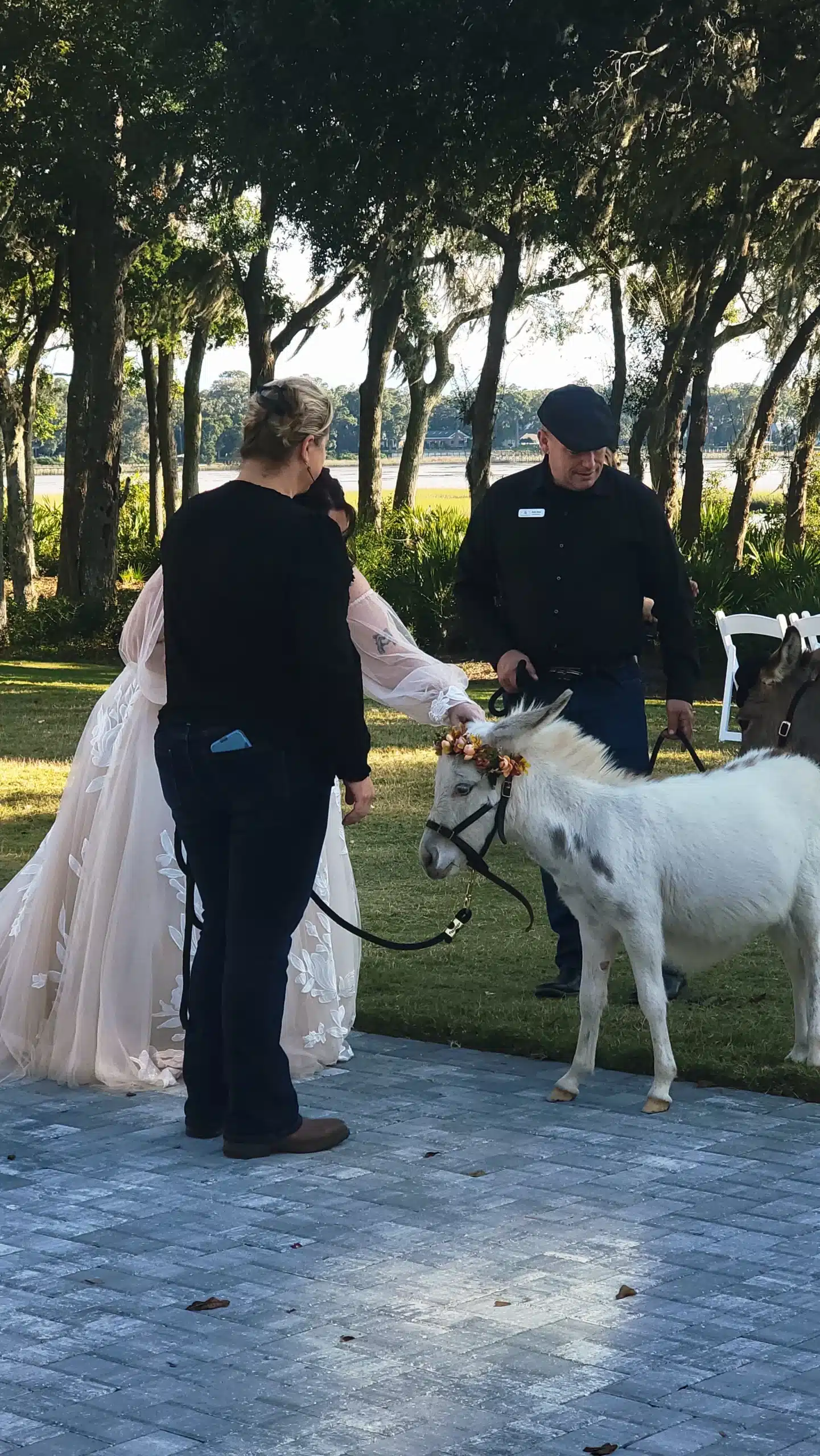 bride and groom with a beverage donkey