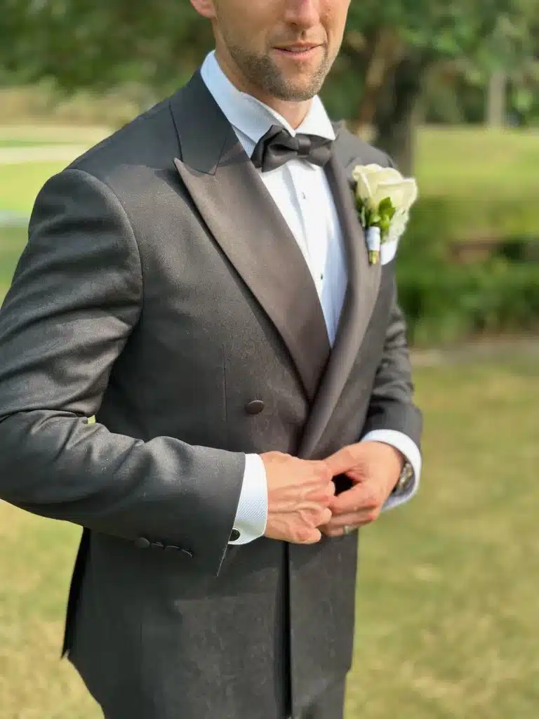 Custom grey tux double breasted with bowtie TS Custom Suits Custom grey tux double breasted with bowtie TS Custom Suits